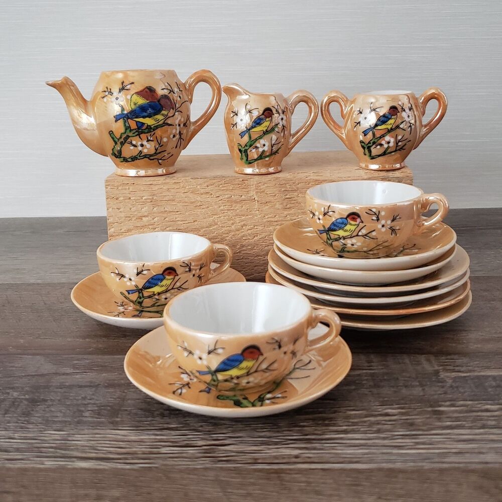 Lusterware Child’s Tea Set Partial Birds on Branch VTG Pot Cups Saucer Japan